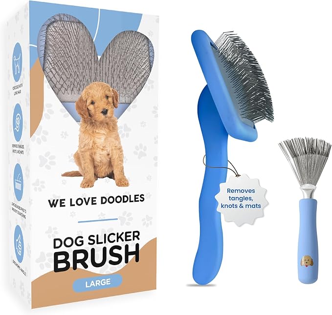 Slicker Brush for Dogs & Cleaner, Dog Grooming Supplies - Best Doodle & Poodle Brush for Long Haired Dogs - Goldendoodle Long Pin Detangler For Dematting
