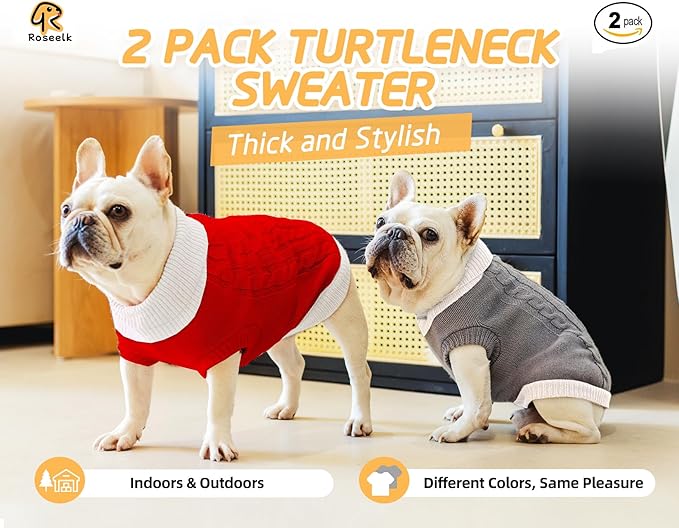 2 Pack Dog Christmas Sweaters for Small Dogs - Puppy Medium Warm Clothes Winter, Turtleneck Pullover Design for Male Boy Girl Pet, Doggie, Cat, Kitten Chihuahua Bulldog (XS, Xmas Red, Grey)