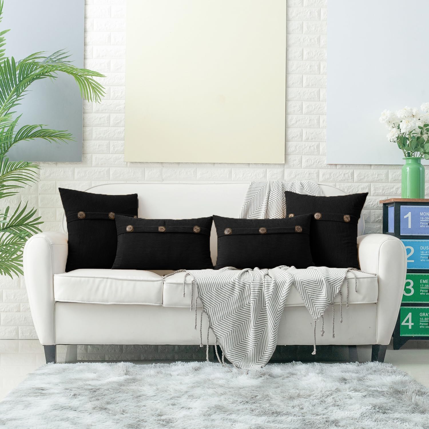 HWY 50 Black Chenille Throw Pillow Covers 20x20 Inch with Triple Buttons, Soft Farmhouse Accent Decorative Cushion Cases for Couch Sofa Bed Living Room Pack of 2