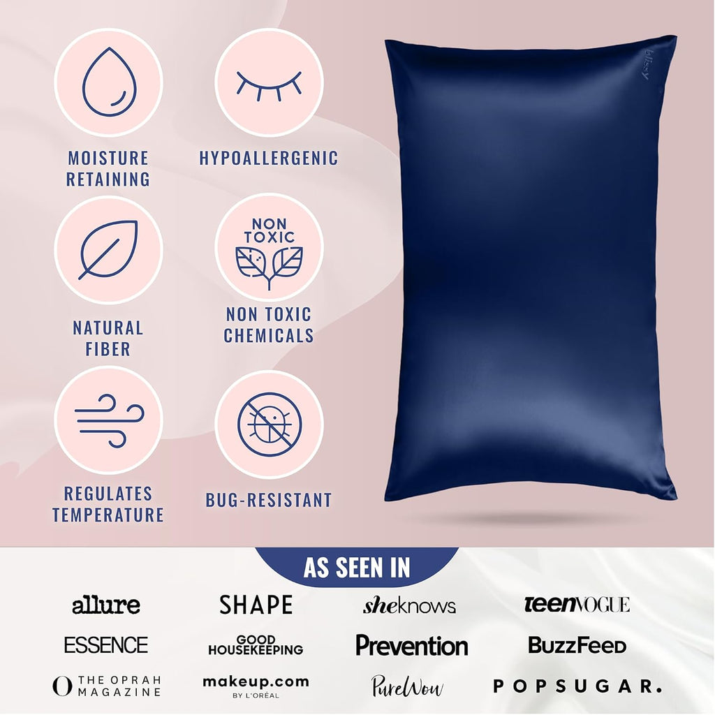 Blissy Silk Pillowcase - 100% Pure Mulberry Silk - 22 Momme 6A High-Grade Fibers - Silk Pillow Cover for Hair & Skin - Regular, Queen & King (Blue, Standard)
