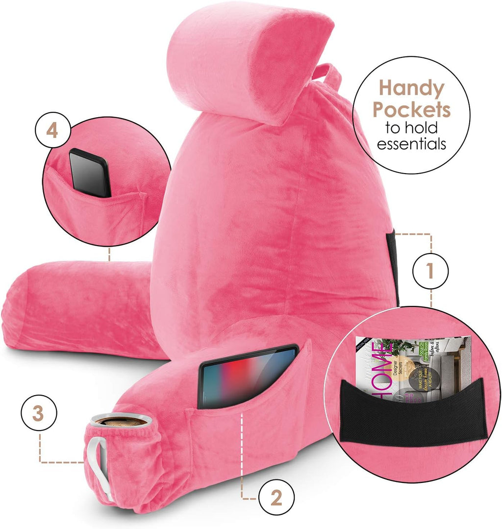 Nestl Reading Pillow with Shredded Memory Foam Includes 2 Neck and Lumber Support Pillows, Designed for Sitting Up in Bed and Couch, Back and Arms Adjustable Support for Adult & Teens, Light Pink