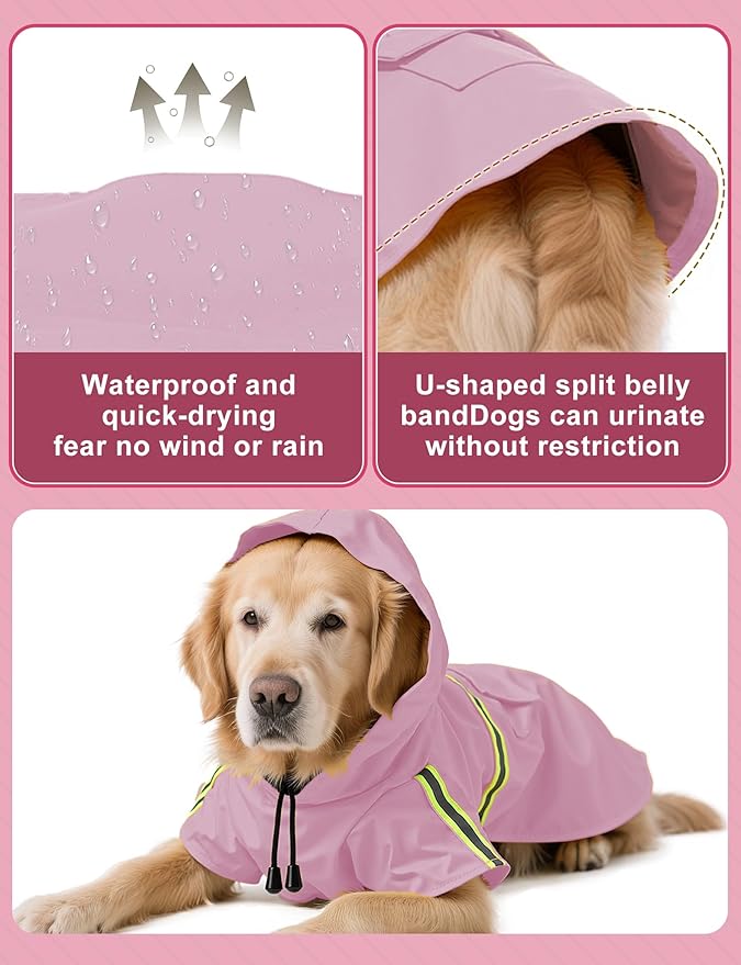Dog Rain Coat, Waterproof Adjustable Dog Rain Jackets, Reflective Strap Pet Rain Coat with Leash Hole, Hooded Snowproof Windproof Clothes for Small Medium Dog Large