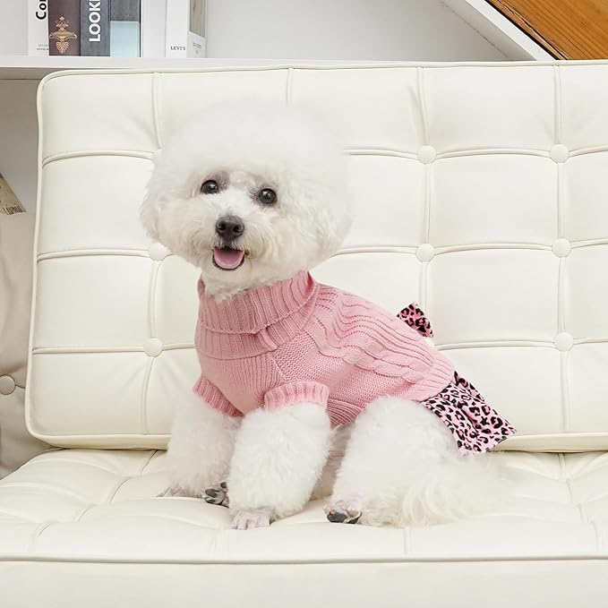 WOYYHO Girl Dog Sweater Dress with Bowtie Turtleneck Small Dogs Sweater with Leash Hole, Knitted Small Dog Sweaters Dress Puppy Winter Clothes for Yorkies Chihuahua (Large, Pink Leopard)