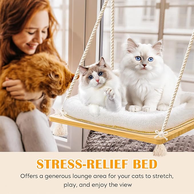 Cat Window Perch Cat Hammock Kitten Window Seat with Cushion Bed Cover Solid Wood Seat with Strong Suction Cups Hanging Kitten Bed for Small Medium Indoor