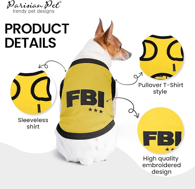 Parisian Pet Dog T-Shirt - Embroidered FBI Shirt - 100% Cotton, Breathable Dogs Clothes - Sleeveless Pet Vest - Machine Washable Yellow Shirts for Large Dogs - 3XL