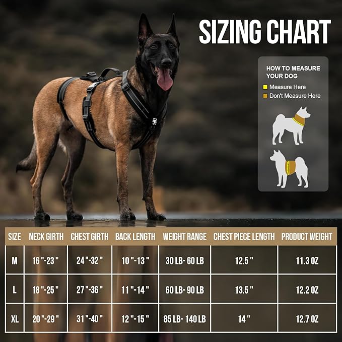 OneTigris Dog Harness No Pull, Adjustable Tactical Harness with Soft Padding, Y-Shaped Reflective Easy Walk Dog Harness for Medium and Large Dogs