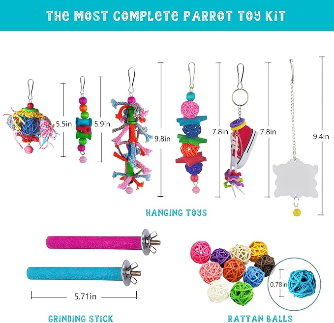 23pcs Bird Parakeet Cockatiel Toys,Parrot Swing Chewing Hanging Toy with Safe Bells,Bird cage Colorful Climbing Standing Rope Natural Wood Ladder Bungee Toys