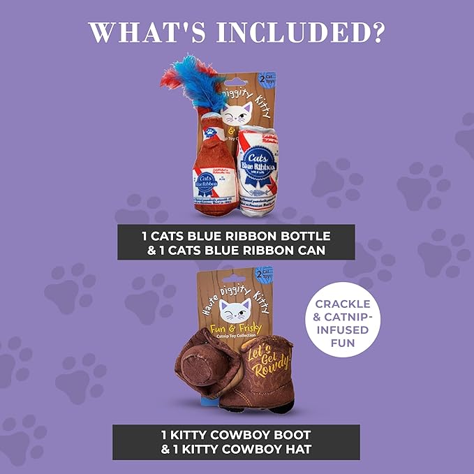 Cats Blue Ribbon + Kitty Cowboy Set, Plush Cat Toys Catnip Filled with Interactive Crackle Sound, Safe & Durable Toys for Cat & Kitten, 4 Pcs