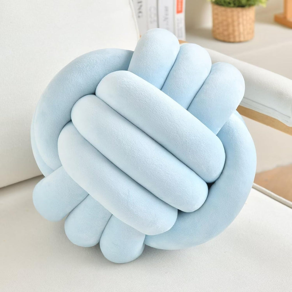 Decorative Throw Knot Pillow Ball for Home Chair Sofa Couch Bed Aesthetic Round Velvet Knotted Pillow Cushion (Ice Blue, 11 inches)