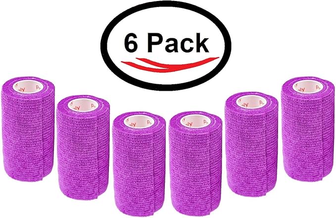 4 Inch Vet Wrap Tape Bulk (Purple) (Pack of 6) Self Adhesive Adherent Adhering Flex Bandage Grip Roll for Dog Cat Pet Horse