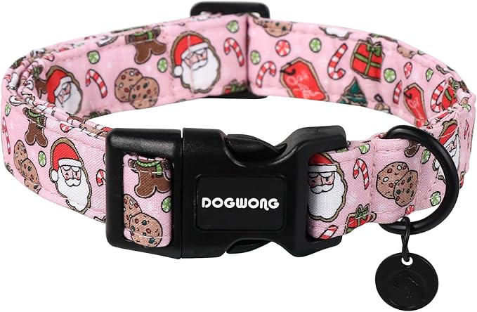 DOGWONG Christmas Cotton Dog Collar, Pink Santa Claus Dog Collar Durable Holiday Pet Dog Collars Cute Puppy Necklace for Small Dogs