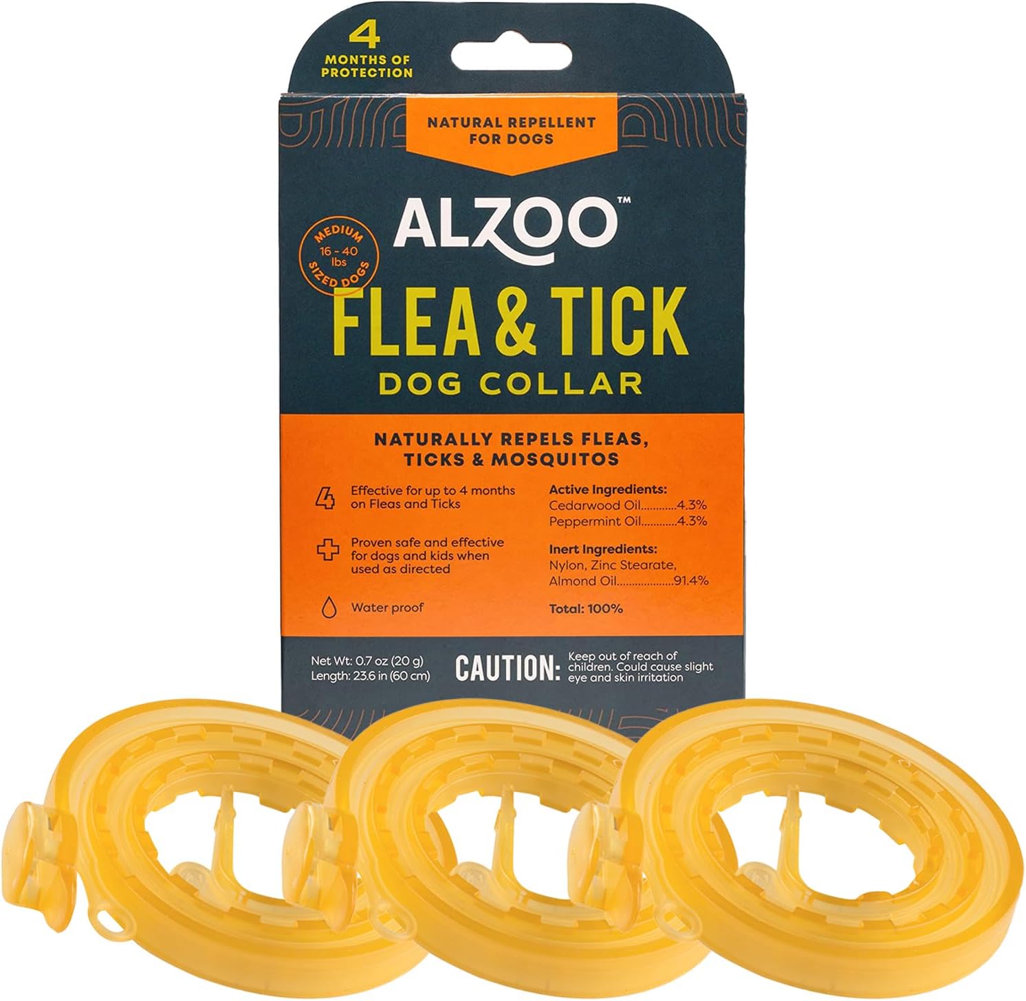 ALZOO Natural Flea & Tick Dog Collar - Helps Repel Fleas, Ticks & Mosquitoes - 100% Plant-Based Active Ingredients - Waterproof - Up to 4 Months Protection - Medium-Sized Dogs: 16-40 lbs - Pack of 3
