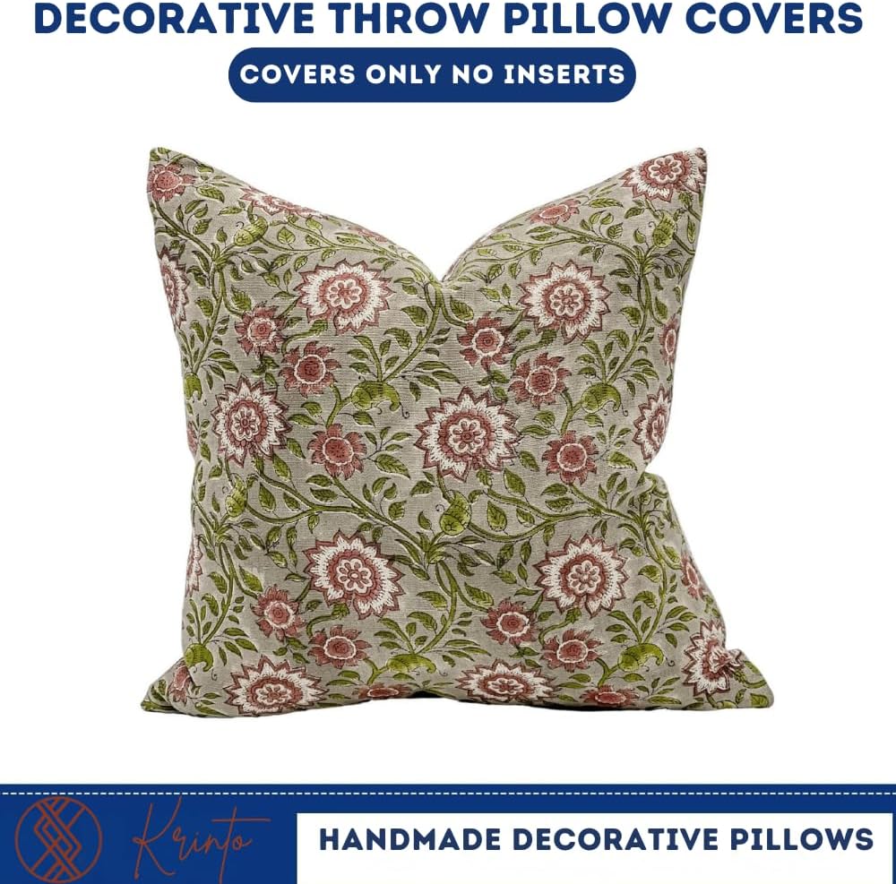 Designer Flowers Printed on Natural Linen Pillow Cover | Grey Green and Dusty Rose Pillow | Boho Pillow, Decorative Throw Pillow Covers, Floral Pillow (Green & Rose, 12x18)