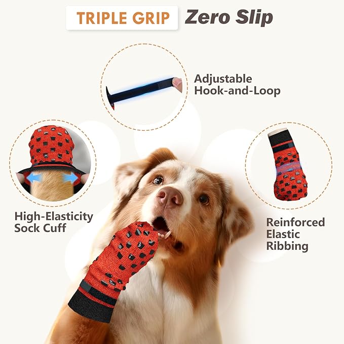 Non Slip Dog Socks to Prevent Licking Paws Grippy Socks for Senior Dog on Hardwood Floors Anti Slip Dog Socks for Christmas Holiday Double Side Paw Protector Prevent Scratching Red L