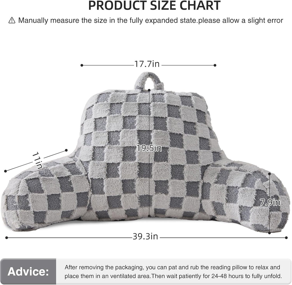 Aimuan Reading Pillow Checkered Bed Rest Wedge Backrest Checkerboard Pillow with Arms Back Support for Sitting Up in Bed Cushion Incline Rest Sleeping Snoring Pillow (Grey,Large)