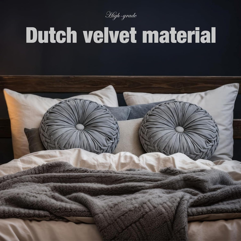 2 Pcs Round Throw Pillows 15 Inch Decorative Velvet Pleated Pumpkin Floor Boho Pillows for Living Room Couch Chair Bed Sofa (Gray)