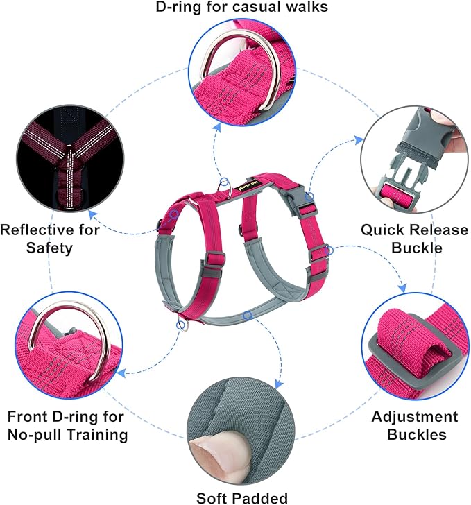 Plutus Pet No Pull Dog Harness, Adjustable Nylon Harness with Soft Padding, Reflective and Heavy Duty Dog Harness for Small, Medium, Large Dogs(Hot Pink, XS)