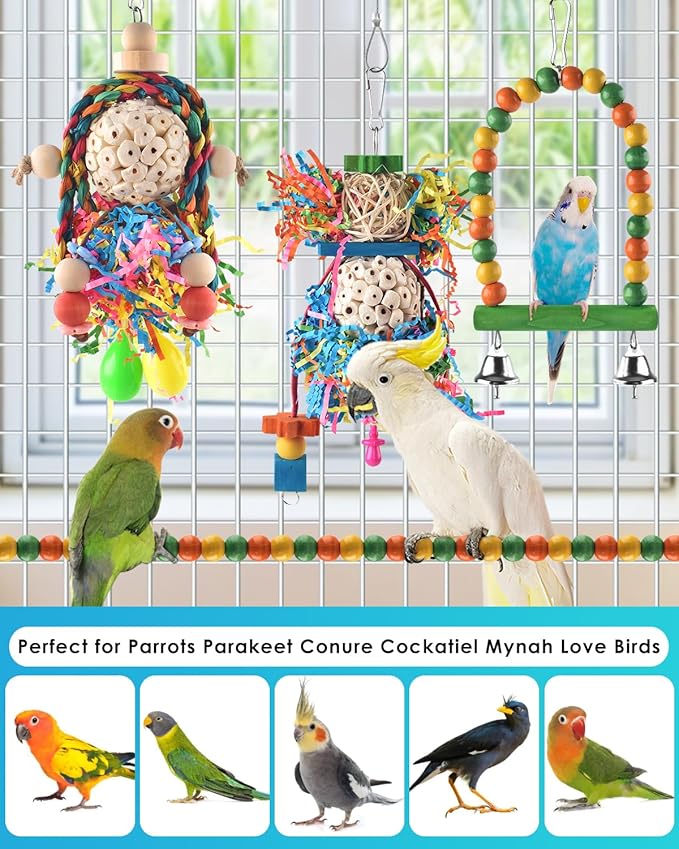 Bissap Conure Toys, 4 PCS Parrot Foraging Shredder Hanging Toys Sola Balls with Sand Hammer Perch Swing Climbing for Small Parrots Parakeets Conures Cockatiels Love Birds Cage Toy