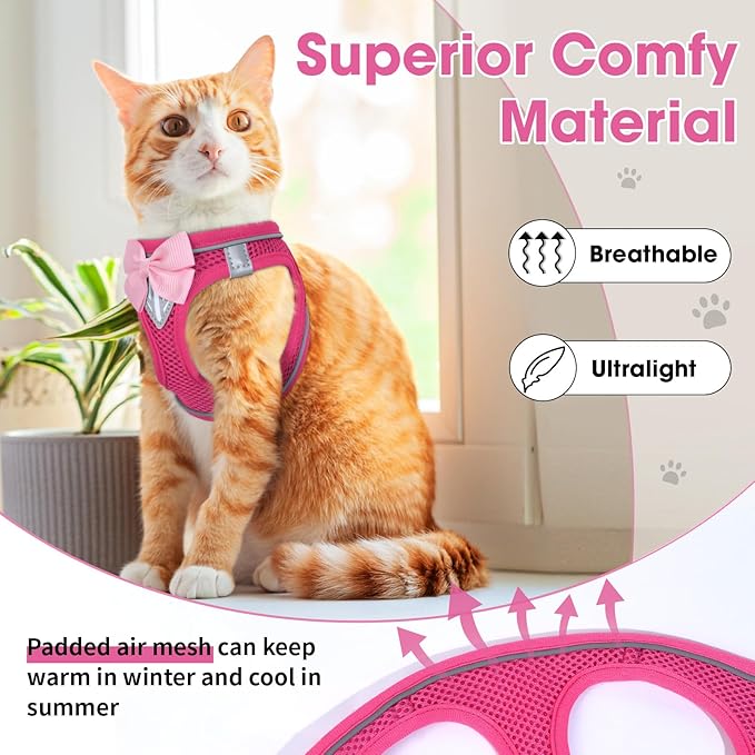 Cat Vest Harness and Leash Set for Walking Escape Proof, Adjustable Kitten Harness Breathable Mesh with Reflective Strips Harness for Kitty Puppy Bunny (Pink,XS)