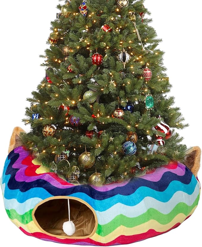 LUCKITTY Large Cat Tunnel Bed Under Christmas Tree with Fluffy Toy Balls, Small Cushion and Flexible Design- 10 inch Diameter, 3 ft Length- Great for Cats, and Small Dogs, Rainbow Wave Color