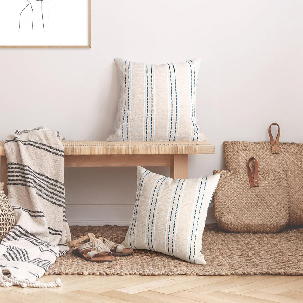 AELS 16x16 Decorative Farmhouse Linen Throw Pillow Covers, Boho Textured Pillow Case, Set of 2, Beige with White & Navy Blue Stitch Yarn Dyed Stripe Cushion Cover for Couch Living Room (Cover ONLY)