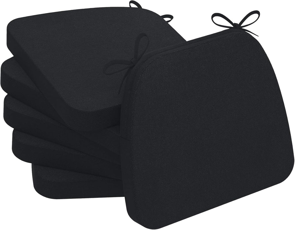 AAAAAcessories D-Shaped Chair Cushions, 2" Thick Dining Chair Pads with Ties and Removable, Machine-Washable Cover, 17" x 16", Set of 6, Black