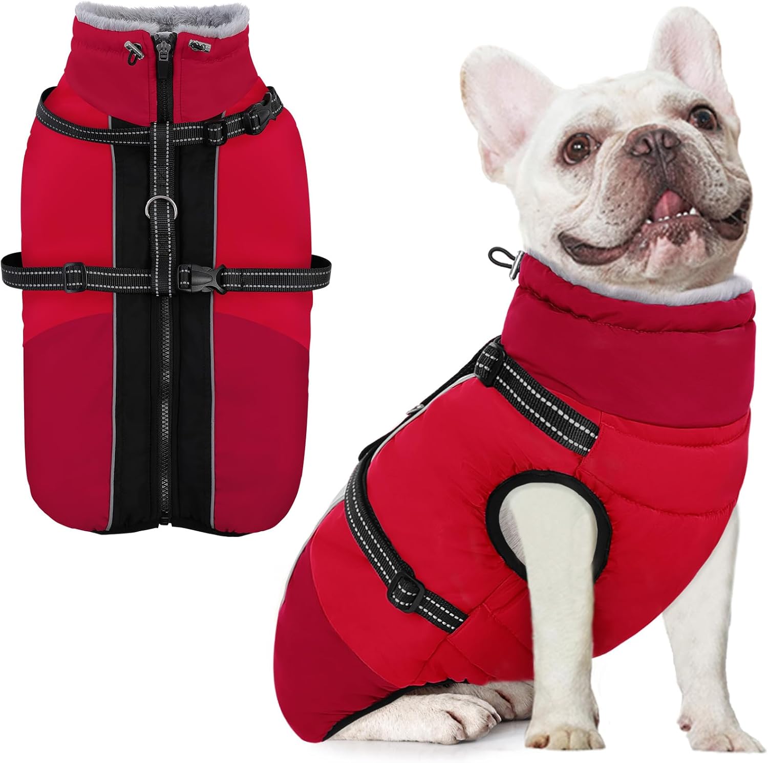 AOFITEE Dog Coat for Small Dogs, Warm Dog Winter Jacket with Harness Built in, Waterproof Small Winter Coat Dogs Reflective Cold Weather Coats for Chihuahua, Yorkshire, Red XS