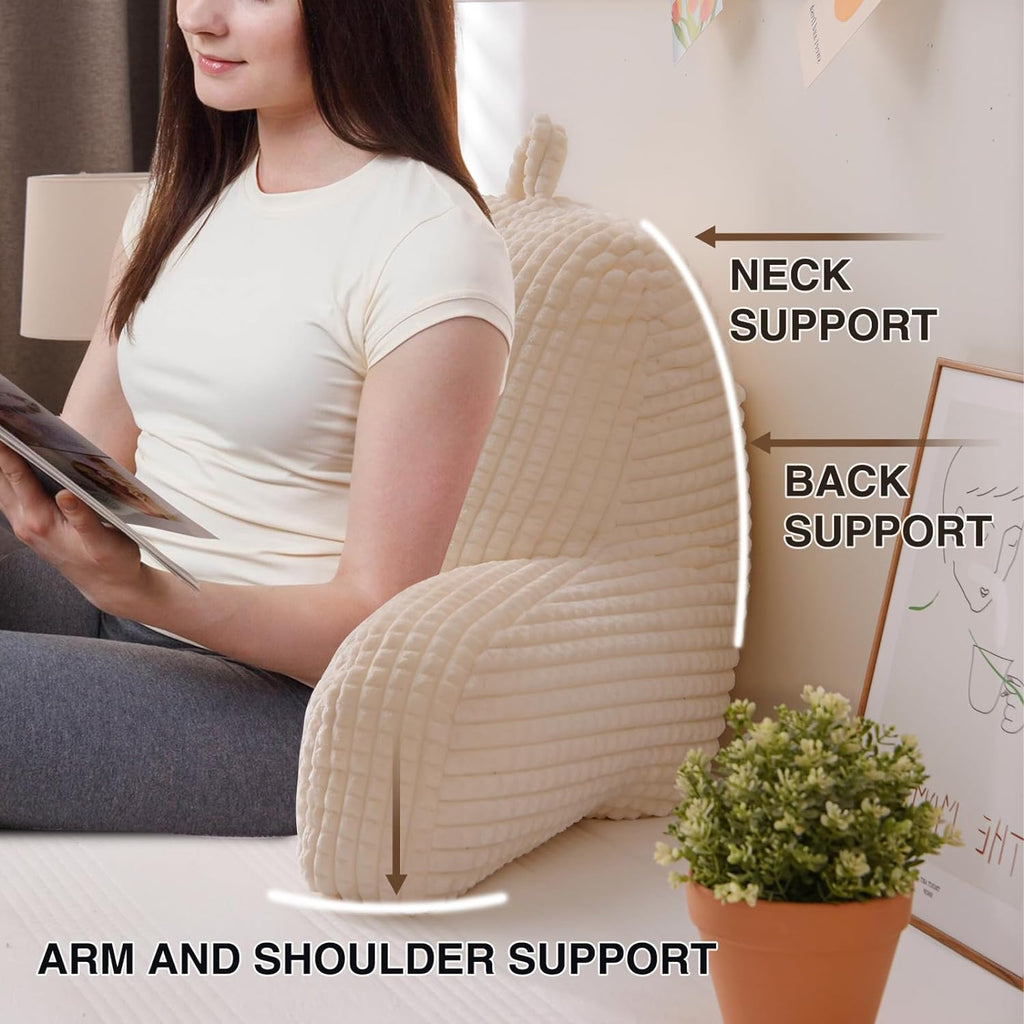 A Nice Night Reading Pillow Bed Wedge Large Adult Children Backrest with Arms Back Support for Sitting Up in Bed/Couch for Lounging Bedrest,Waffle Stereoscopic Design,Ivory