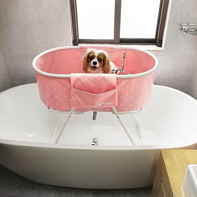Furesh Little Dipper Dog Bath Tub and Wash Station for Bathing Shower and Grooming, Elevated Foldable and Portable, Indoor and Outdoor, for Small and Medium Size Dogs, Cats and Other Pet (Pink)