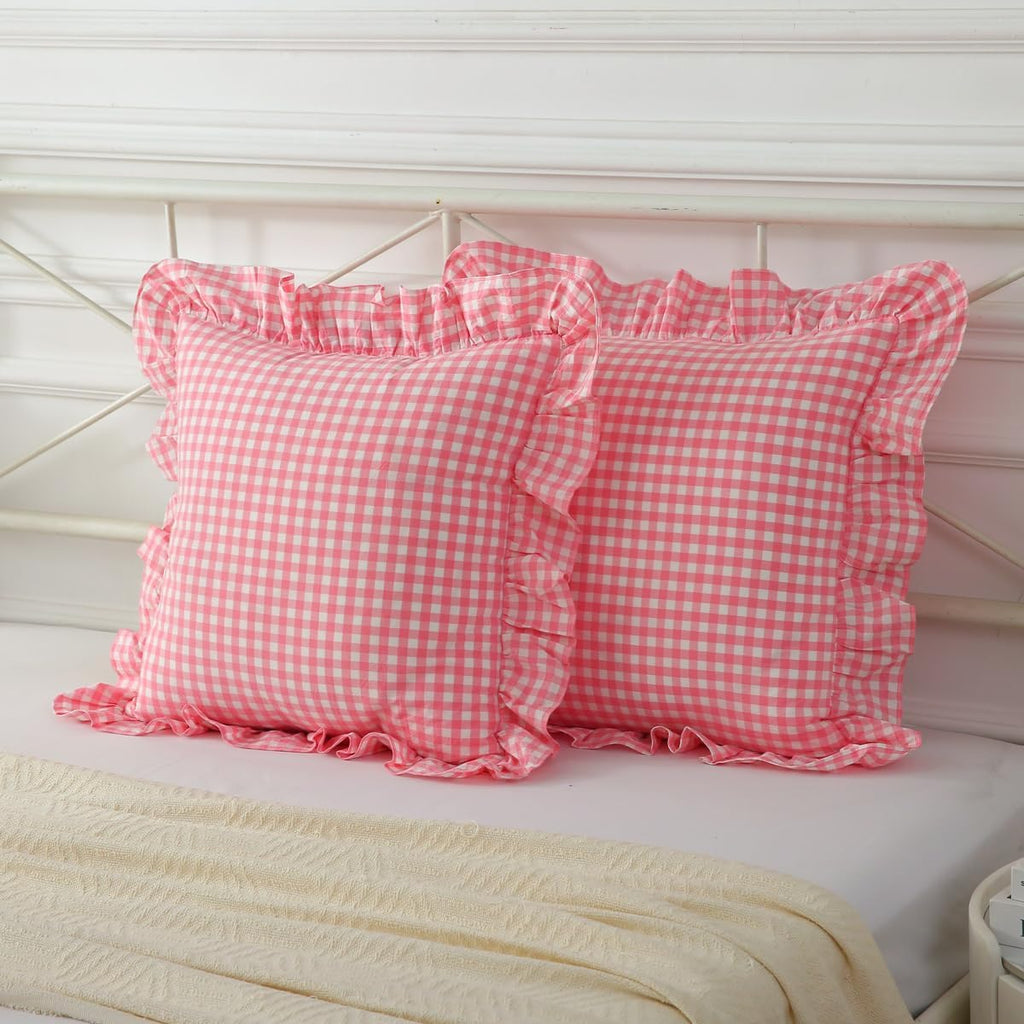 2 Pack Vintage Light Pink Plaid Ruffle Throw Pillow Covers,Washed Cotton Checkered Gingham Pillow Covers 20"x20" for Sofa,Couch,Bed and Living Room