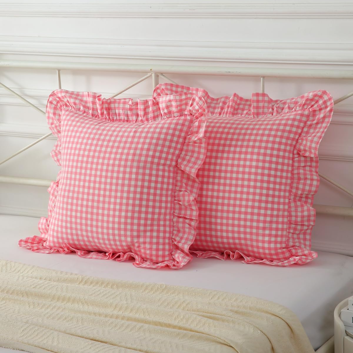 2 Pack Vintage Light Pink Plaid Ruffle Throw Pillow Covers,Washed Cotton Checkered Gingham Pillow Covers 20"x20" for Sofa,Couch,Bed and Living Room