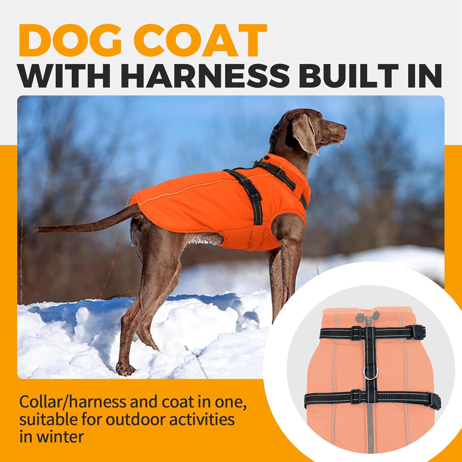 Lelepet Dog Winter Coat Waterproof Dog Jacket with Harness Built in Windproof Reflective Pet Coats for Small Medium Large Dogs, Thermal Fleece Lined Coats for Cold Weather Walking Hiking, Orange, XXL