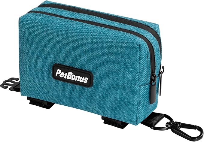 PetBonus Dog Poop Bag Holder, Portable Pet Waste Bag Dispenser, 2 Pouches for Treats and Walking Accessories, Fit All Leashes, Includes 1 Roll of Dog Poop Bags (Lagoon Blue)
