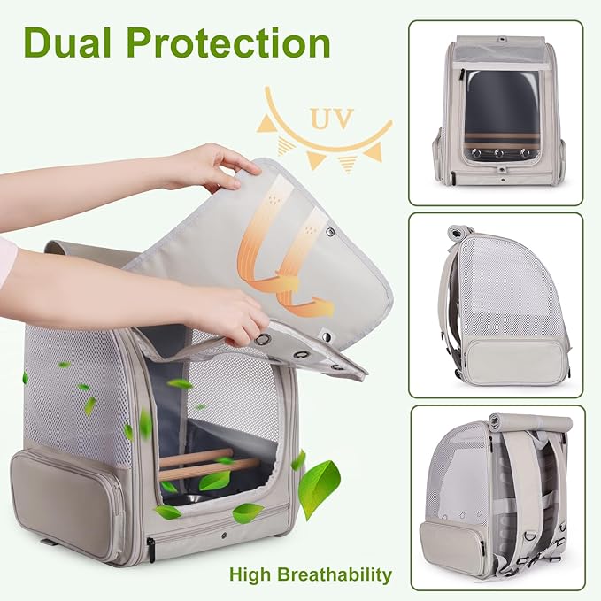 Cockatiel Carrier Backpack for Small to Medium Bird, Portable Bird Travel Carrier Cage with Standing Perches and Metal Tray, Breathable Transport Bag for Parakeet, Budgie, Conure, Cockatiel, Parrot