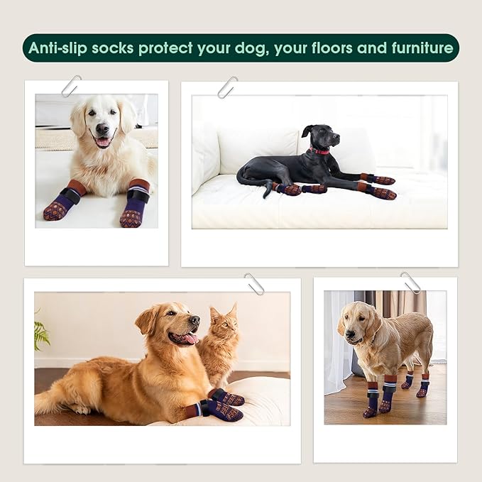 Kuoser Non Slip Dog Socks for Hardwood Floors, 4Pack Anti-Slip Dog Grippy Socks to Prevent Licking Paws, Dogs Booties Paw Protectors with Double-Sided Traction for Small Medium Large Senior Dogs, XL