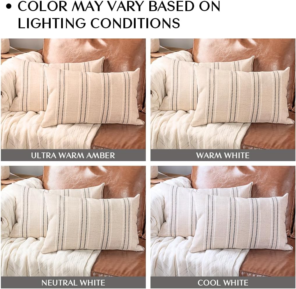 AELS 12x20 Decorative Farmhouse Linen Throw Pillow Covers, Boho Textured Pillow Case, Set of 2, Beige with White & Gray Stripes Cushion Cover for Sofa Couch Living Room (Cover ONLY)