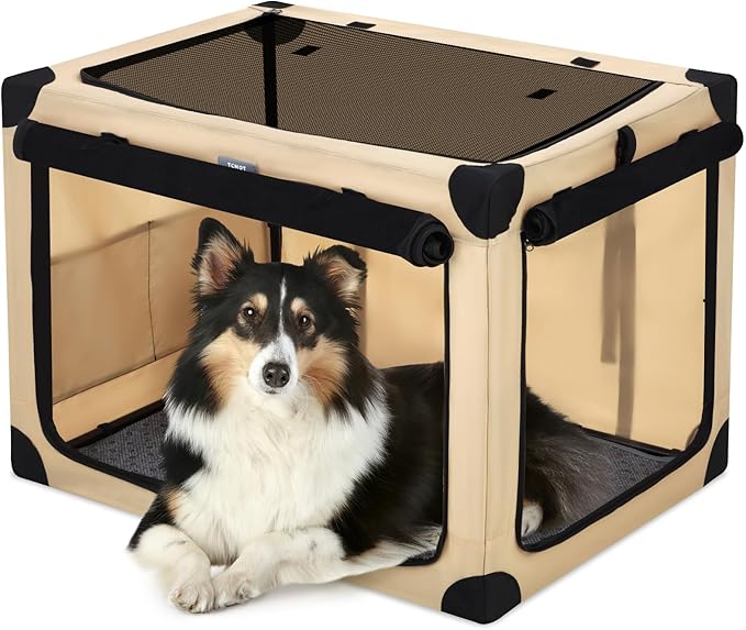 32 Inch Collapsible Travel Dog Crate for Medium Large Dogs, Portable 4-Door Foldable Soft Kennel with Mat and Durable Mesh Windows for Car & Outdoor, with Storage Bag