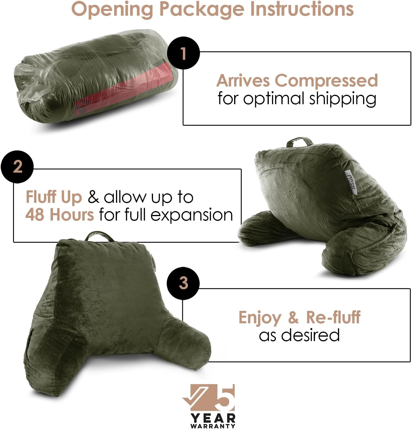 Nestl Reading Pillow with Shredded Memory Foam, Designed for Sitting Up in Bed and Couch, Back and Arms Adjustable Support for Adult & Teens Backrest Pillows for Reading, Washable Cover, Olive Green