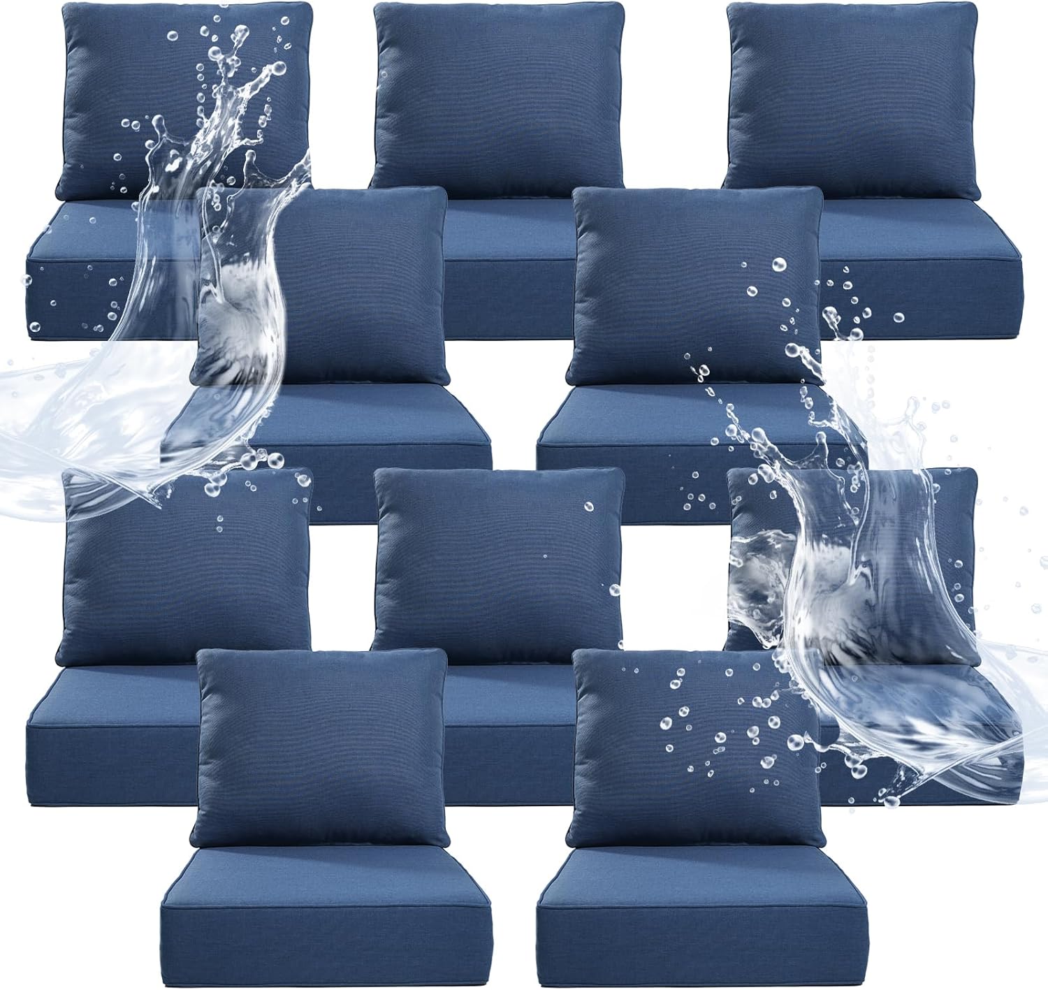 6" Thicker Outdoor Chair Cushion 10 Sets - 24" *24" *6" Waterproof Patio Furniture Cushions with Removable Cover, 28D High Density Sponge Filling Thicken Outdoor Patio Cushions - Blue