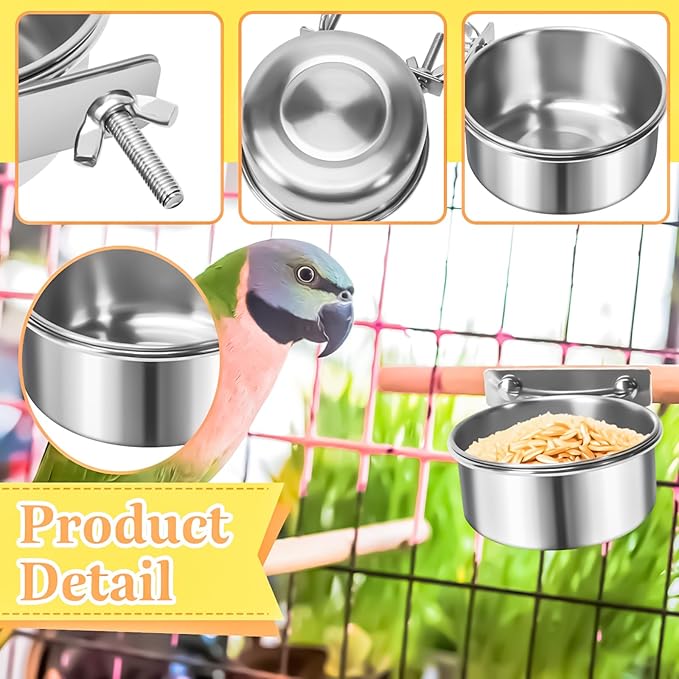 MotBach 3 Pack Bird Feeding Bowls Cups Parrot Food Water Dishes, Stainless Steel Bird Bowl Cup Dish with Clamp, Birdcage Feeder Pet Cage Bowls for Parrot Cockatiel Budgie Conure Parakeet Small Animal