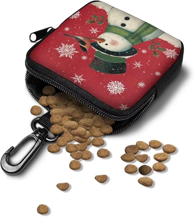 KEIAHUAN Christmas Dog Treat Pouch, Hand Free Dog Training Treat Bag with Carabiner, Xmas Snowman Print Portable Training Bag Hands-Free Snack Pouch for Dog Training, Walks & Outdoor Use