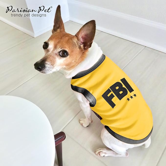 Parisian Pet Dog T-Shirt - Embroidered FBI Shirt - 100% Cotton, Breathable Dogs Clothes - Sleeveless Pet Vest - Machine Washable Yellow Shirts for Large Dogs - XL