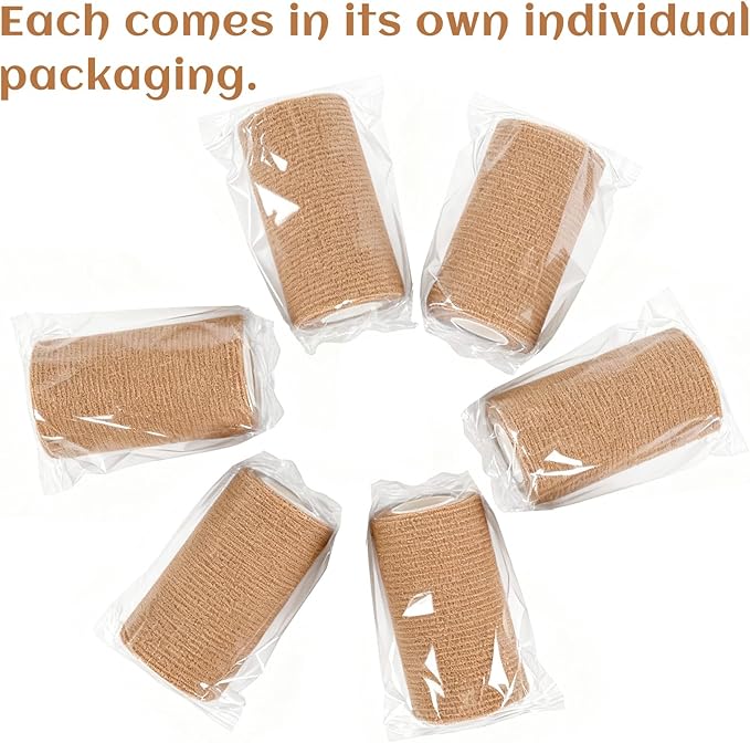 6 Rolls Elastic Self Adhesive Bandage Wrap 4 Inch, Breathable Non Woven Cohesive Bandage, Vet Wrap for Dogs, Ankle Sprains Swelling Medical First Aid Tape, Sports Athletic Tape Brown