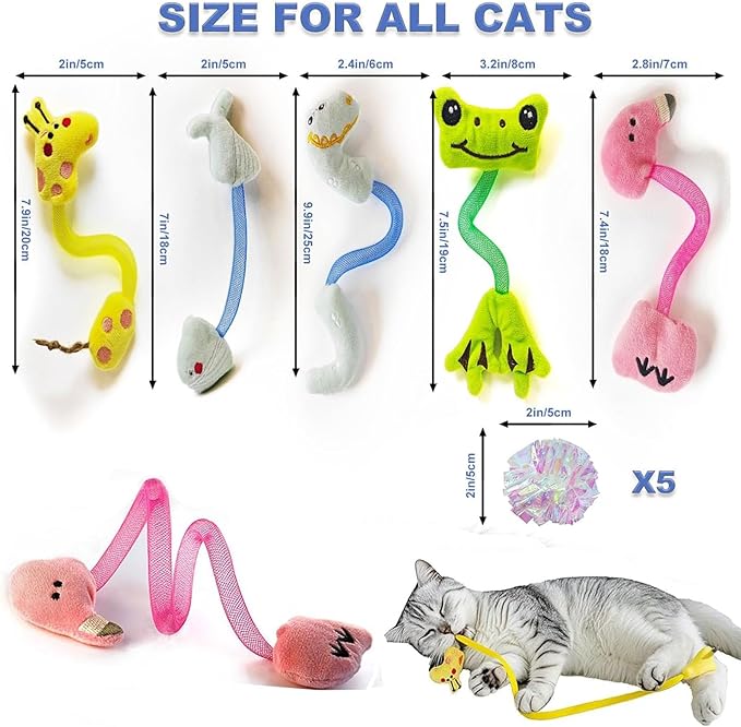 Cat Chew Toy for Teeth Cleaning, Soft and Durable Crinkle Springs Catnip Toys, Interactive Cat Kicker Toys for Indoor (Pack 10)