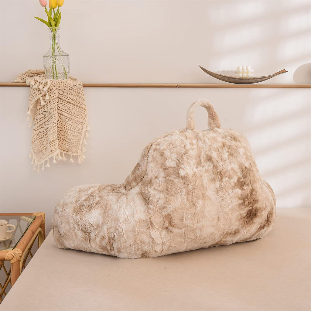 A Nice Night Faux Fur Reading Pillow Bed Wedge Large Adult Children Backrest with Arms Back Support for Sitting Up in Bed/Couch for Bedrest, Tie Dyed Khaki