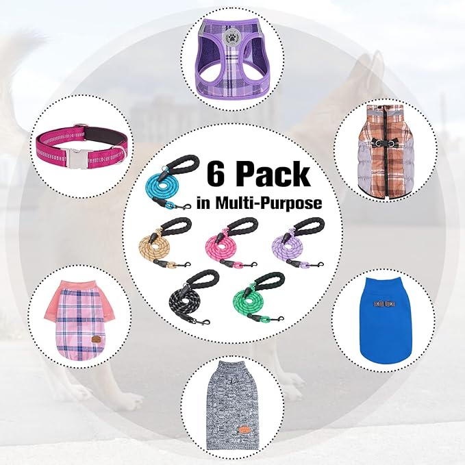 BEAUTYZOO Heavy Duty Rope Dog Leash 6 Pack, 6FT Nylon Pet Leash with Reflective Thread, Soft Padded Handle Thick Lead Leash for Large Medium Dogs Small Puppy,3/8inch X 5 FT (18~120 lbs)