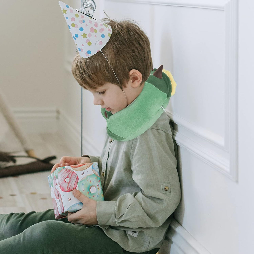 Niuniu Daddy Dinosaur Kids Travel Neck Pillow Road Trip Essentials for 3-8 Years Old, Memory Foam Dino Portable Pillow for Airplane Travel Essentials, Green Triceratops Cervical Pillow for Boys Girls