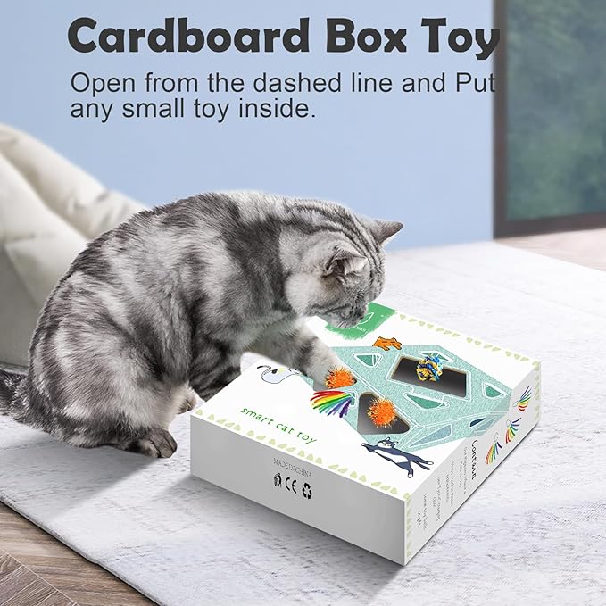 Migipaws Automatic MigiBox Cat Toys 3 n1 Interactive Pounce Mystery Under PopSkin 7 Holes Cardboard Kitten Toys for Indoor Rechargable 6 Accessories(Blue)