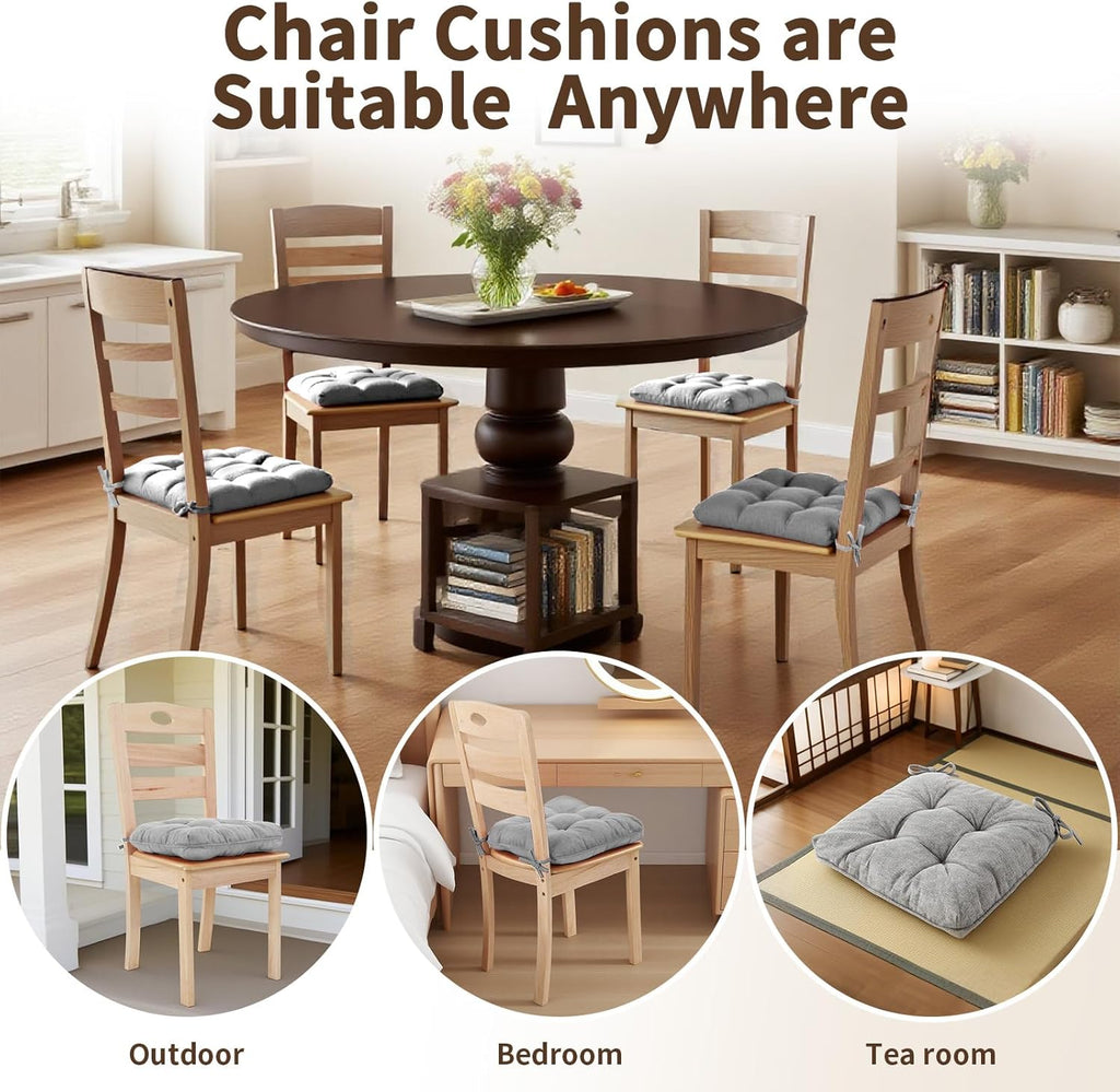 Chair Cushions for Dining Chairs, Tufted Foam Kitchen Chair, Non-Slip Seat Cushions with Ties Set of 4, 15.5" x 15.5" x 4", Grey