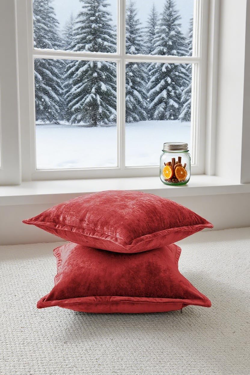 Luxurious Velvet Euro Shams Decorative Throw Pillow Covers 26x26 Set of 2 Solid Square Euro Pillow Shams for Sofa Couch Bedroom, Red